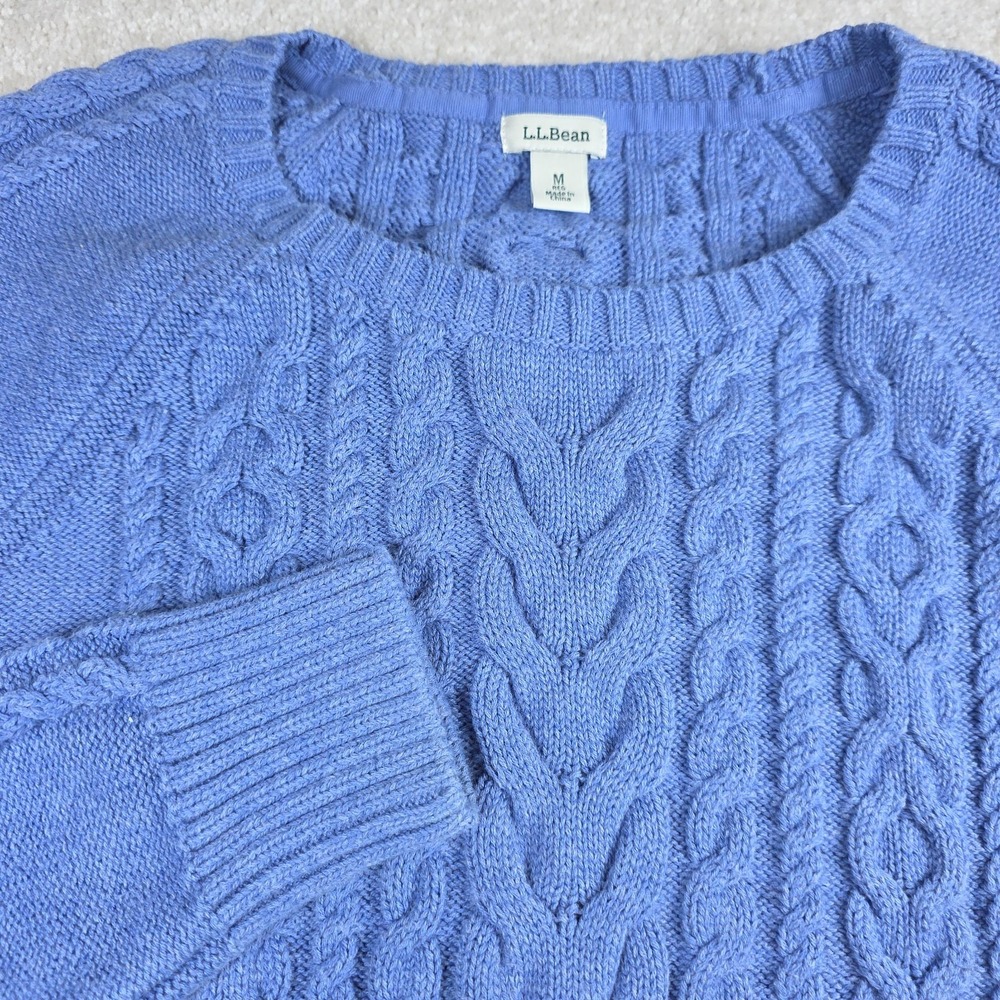 L.L. Bean‎ Sweater Womens M Sky Blue Cable Knit Preppy Raglan Sleeve Pullover